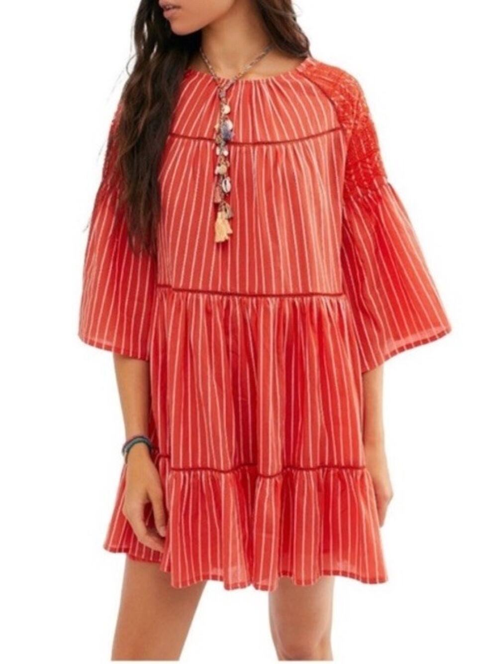 Free People Lola Embroidered Red Mini Dress Size XS Bell Sleeve‎ Tiered Boho